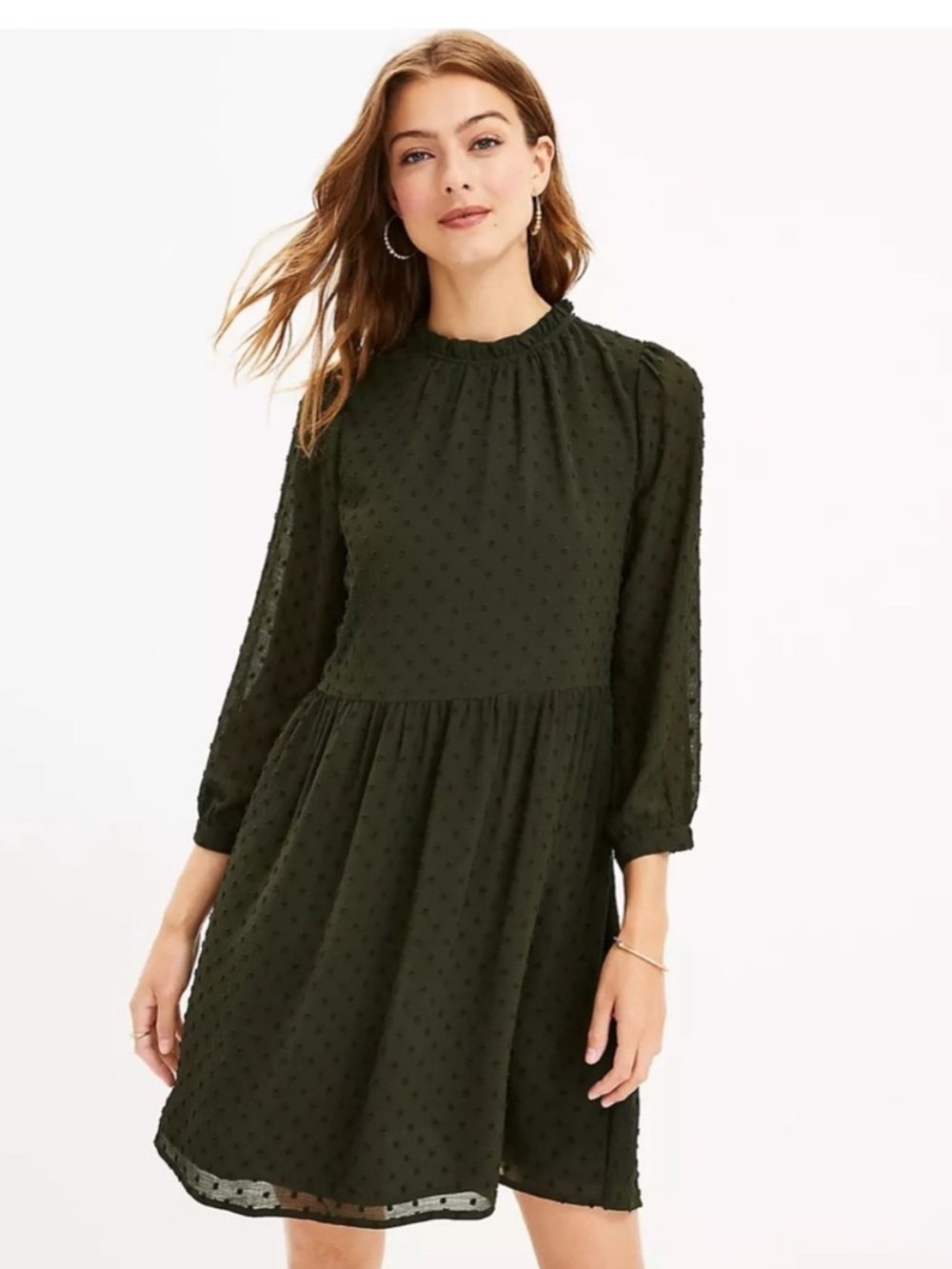 LOFT Olive Green Swiss Dot Long Sleeve Smock Dress